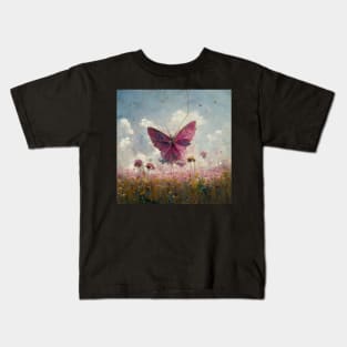 Pink Butterfly  in The Flower Field Kids T-Shirt